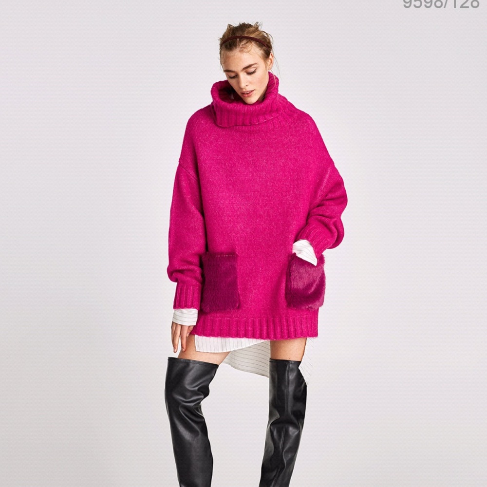 Hot Pink Turtleneck Sweater with fur pockets